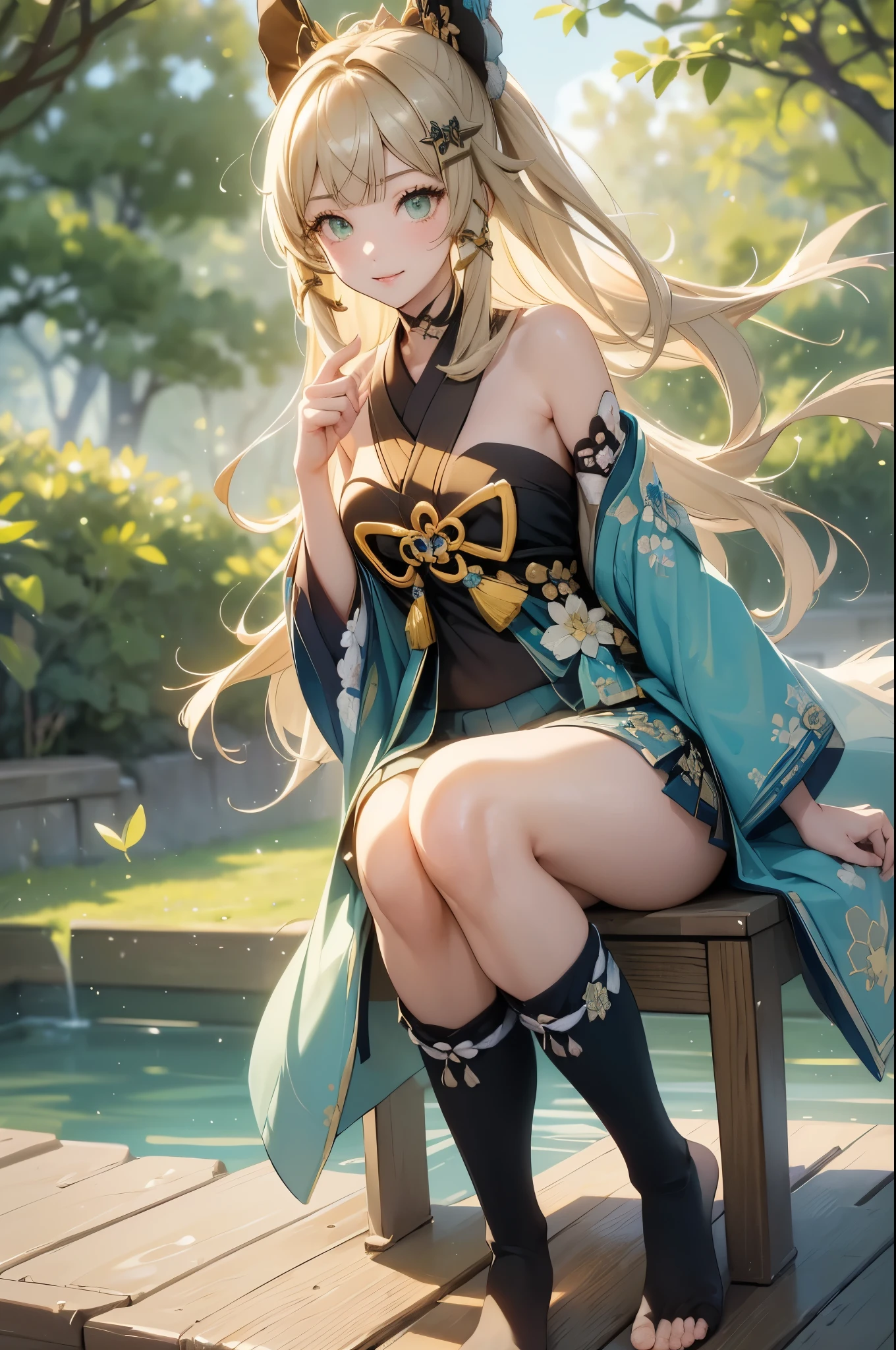 ((kiraradef)):1.5,((masterpiece,highest quality,Highly detailed images,Beautiful images))(kirara images,Japanese garden、Ornamental pond、Fun pose、Bright natural light throughout、Backlight、A fantastic atmosphere、Dust flutters)1.3,(kirara:Full body image)、(large breasts、sideboob, Exposing shoulders、Exposing your belly):1.2(smile)1.1(Remodeling Kimono、Separate top and bottom、Knee-high socks、Absolute area)
