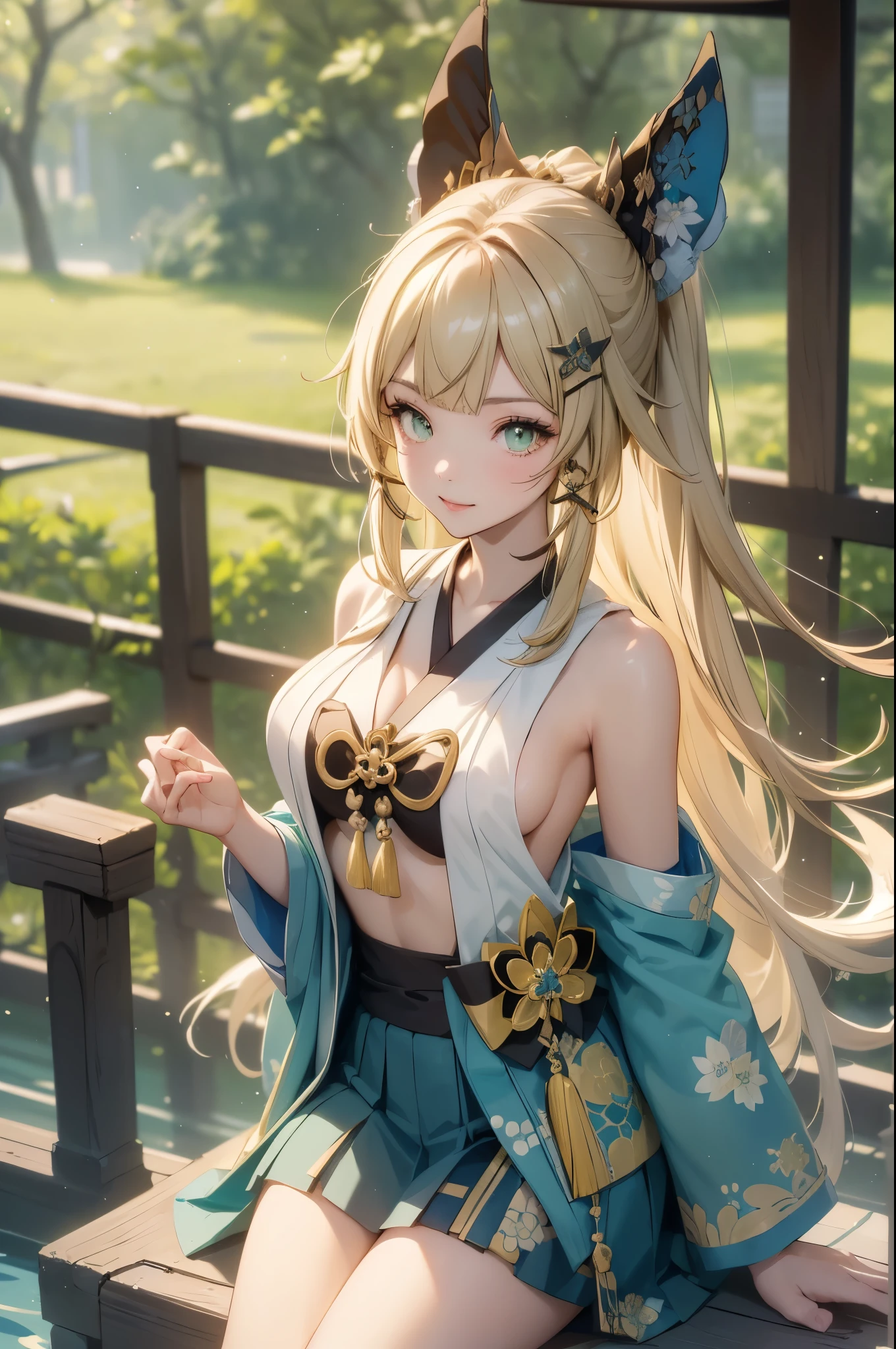 ((kiraradef)):1.5,((masterpiece,highest quality,Highly detailed images,Beautiful images))(kirara images,Japanese garden、Ornamental pond、Fun pose、Bright natural light throughout、Backlight、A fantastic atmosphere、Dust flutters)1.3,(kirara:Full body image)、(large breasts、sideboob, Exposing shoulders、Exposing your belly):1.2(smile)1.1(Remodeling Kimono、Separate top and bottom、Knee-high socks、Absolute area)
