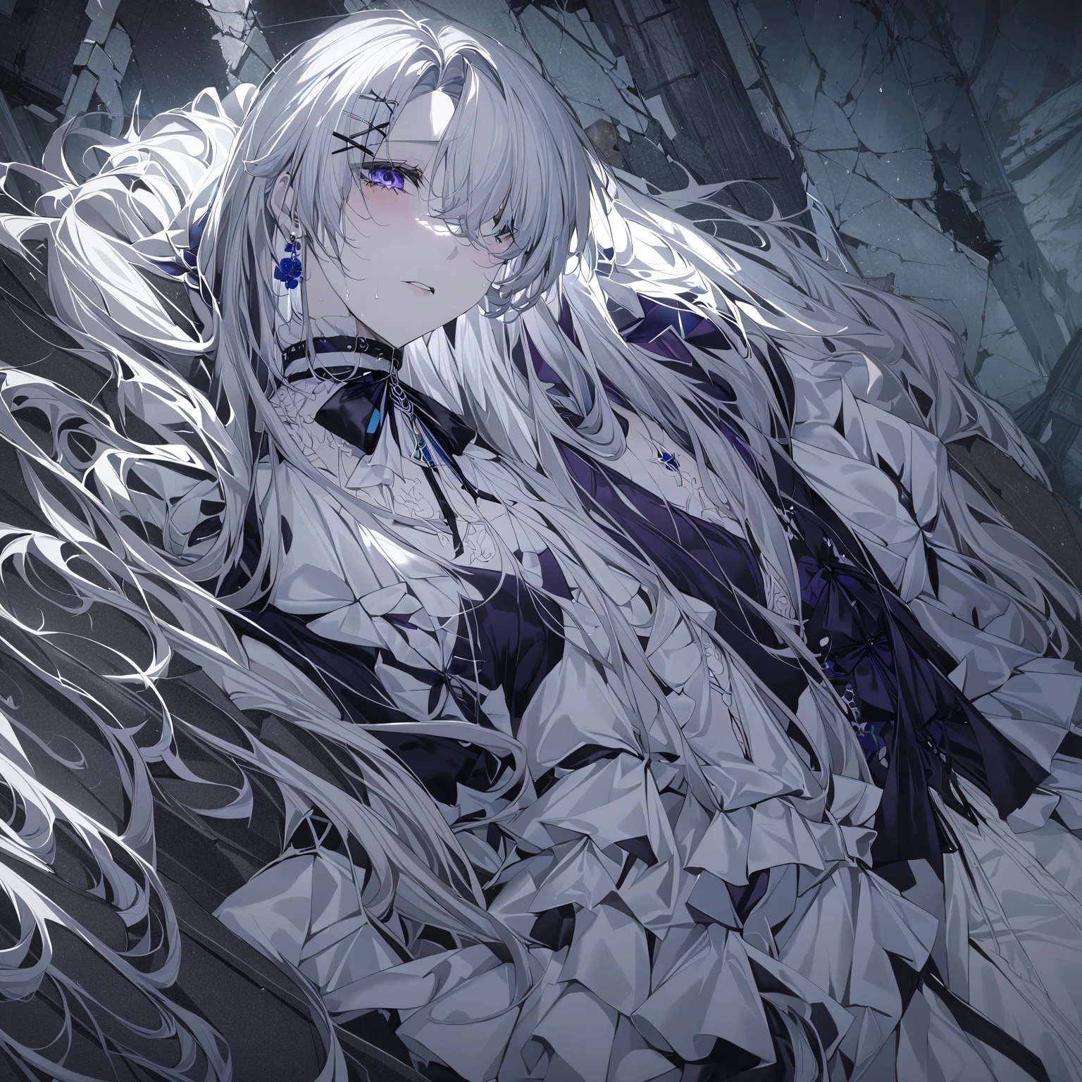 1girl, extreme detailed, Very detailed, colorful, highest detailed, masterpiece, best quality, highres, 8k, highly detailed face, Eve\(path_to_nowhere\), crying with eyes open, lying, closed eyes, ruins, grey hair, parted bangs, very long hair, hair over one eye, one eye covered, x hair ornament, mole under eye, purple eyes, choker, black neckwear, neck ribbon, flower earrings, single earring, white blouse, puffy sleeves, short sleeves, butterfly ornament