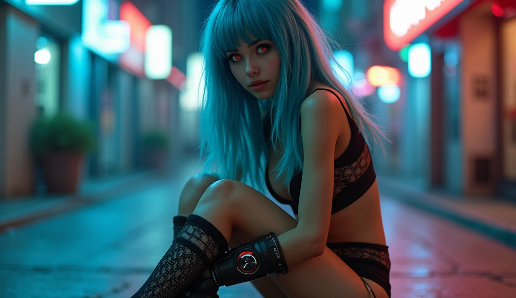 Beautiful woman, blue hair, night city, 21 anos, cabelo preto, roupas de couro sexy, seios longos, estilo cyberpunk, realista detalhado, retrato, bunda ruim, Punk rock, rebelar-se, sexy, tiro de corpo inteiro