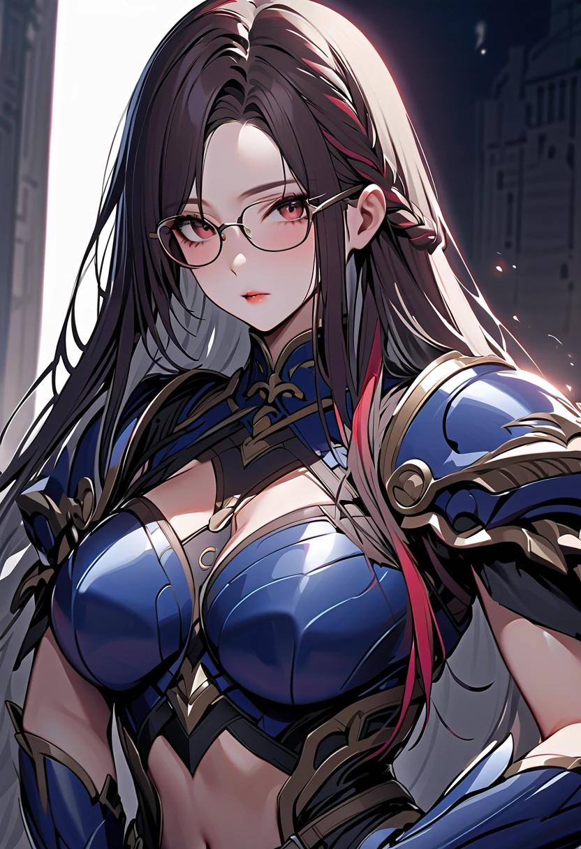  top quality、 unity 8k 壁紙 、32K、  Masterpiece 、  very detailed with crimson hair、  super high resolution 、  very detailed with crimson hairな顔、 RAW photos 、 professional 、((( dark-haired valkyrie )))、((( braid long hair)))、The face of a girl who seems to be mature、Glasses、dark blue armor 