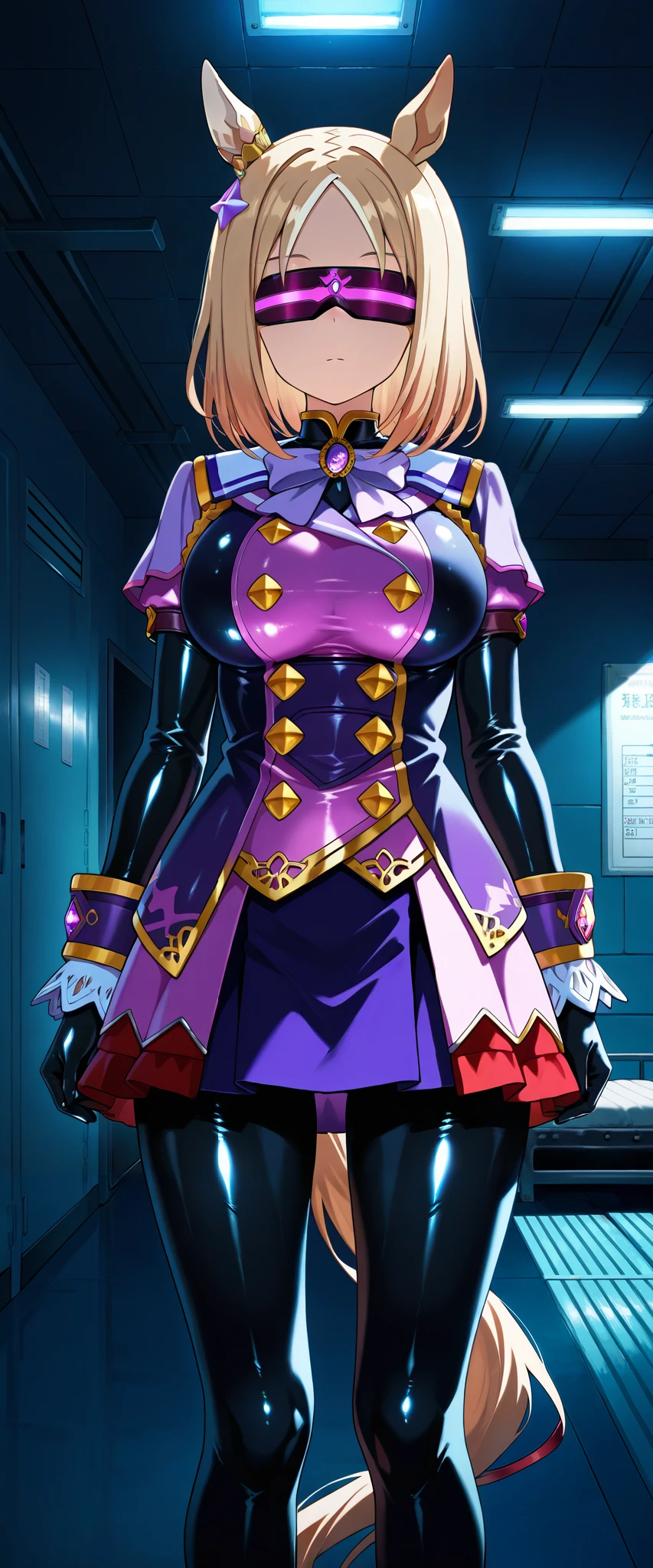 1girl,Narita Top Road\(umamusume\),((uniform)), underbust, underbust, breasts,((expressionless)), closed mouth,(two breast),((red visor, glowing visor)),standing, ((dark room, dark,training room)), masterpiece, best quality, amazing quality, very aesthetic, absurdres,BREAK,inner latex skin tight:0.5,