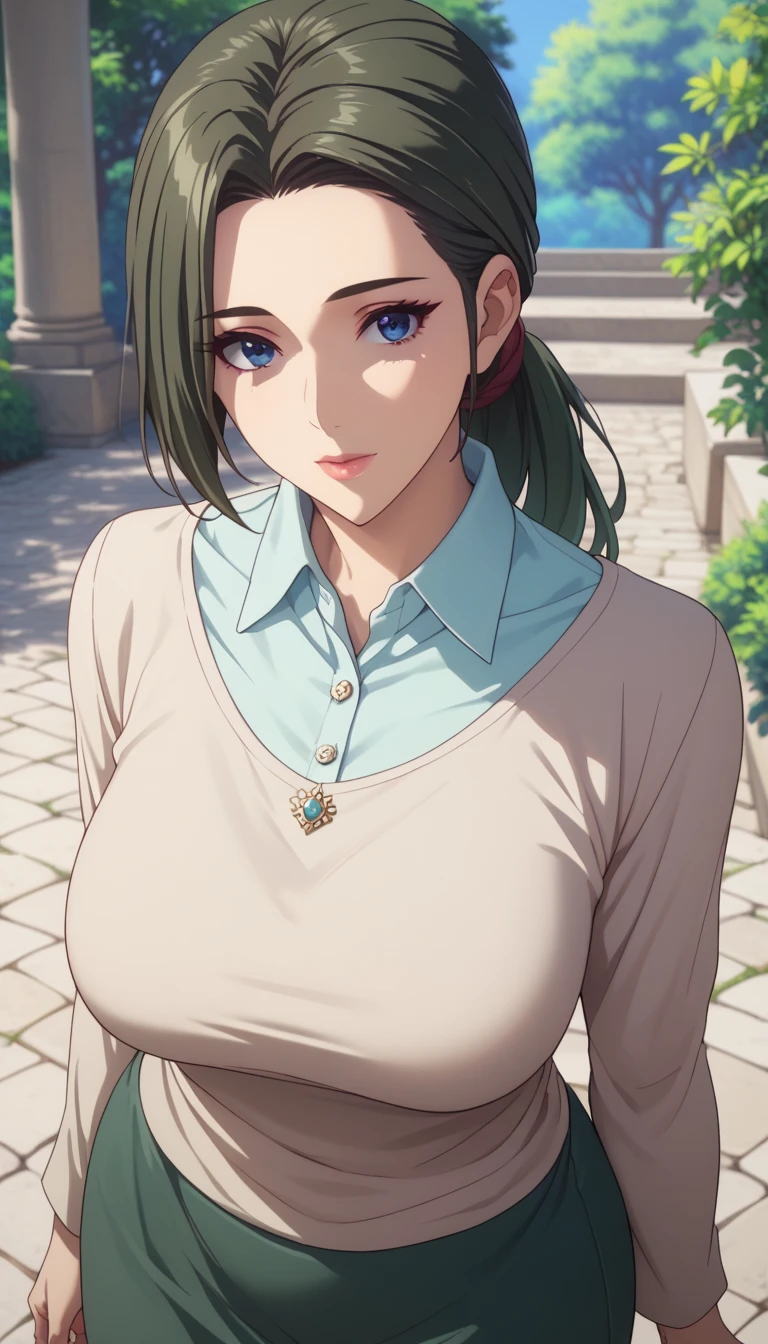 (masterpiece, Highest_quality:1.2),  1 girl, Alone,  mature woman,  Dark Green Hair ,  low ponytail , ( casual clothes ,  Long Sleeve ,  skirt),  beautiful eyes,  female focus , looking at viewer,  Big Breasts ,  clevis on a stone,  Wide Hips, (( view from above)) (( close-up shot )) ((Alone))   Details,  high definition ,  No blurry images ,  standing with different breasts ,  beautiful,  elegant , Quiet look,   intricate details on collared dress ,   Details background, bedroom:1.3