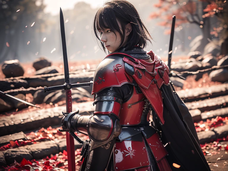 (Best Quality), (Excellent), HD, detailed, crow's head, human body, kusarigama in one hand, large black wings on the back, samurai in armor, red armor, Japanese city, maple trees, close-up photo, surrounded by black aura, realistic,