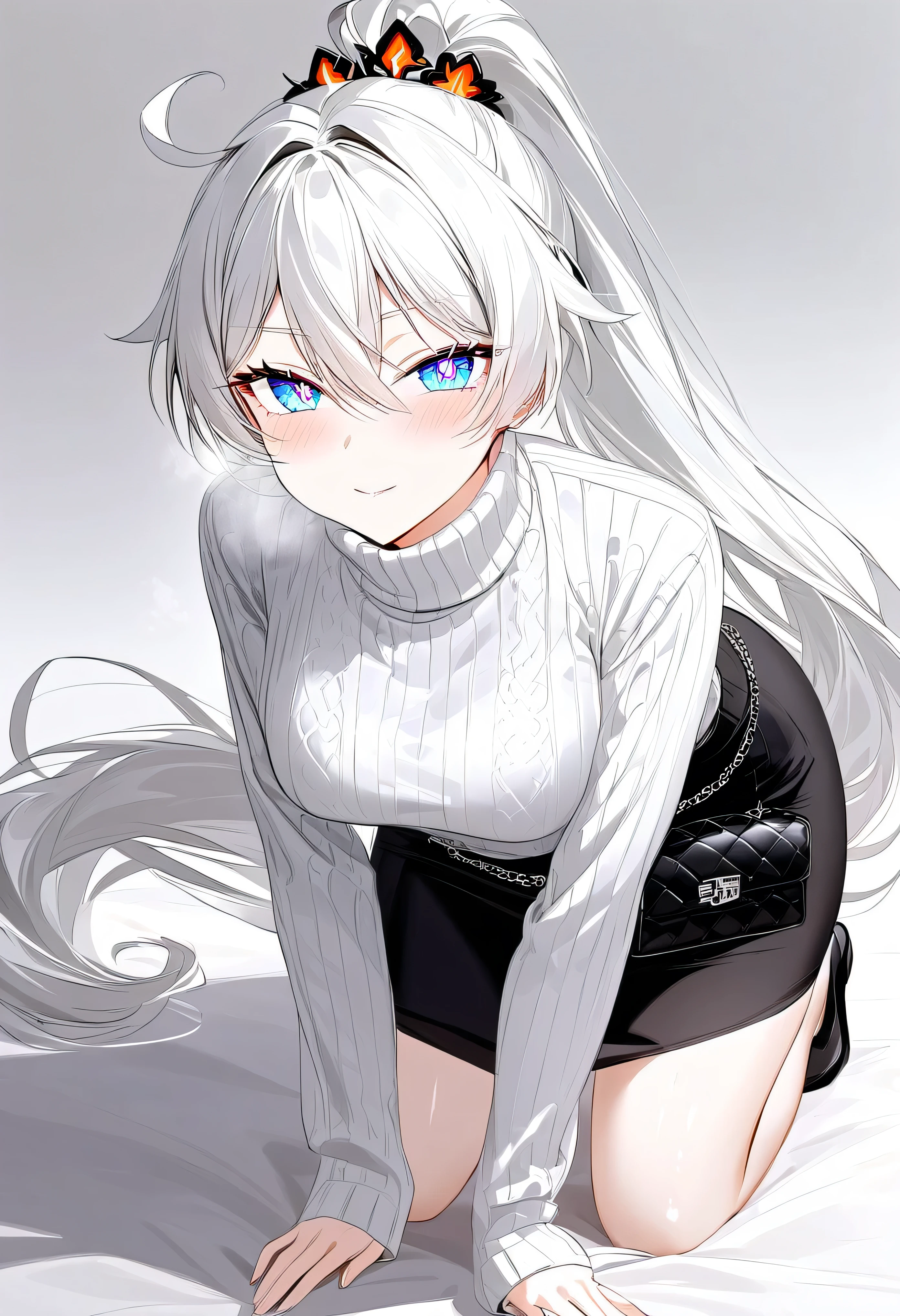 score_9, score_8_up, score_7_up, masterpiece, best quality, very aesthetic, absurdres, 1girl, adult grown woman, solo, kiana kaslana \(honkai impact 3rd\), herrscher of finality, white hair, ahoge, ponytail, very long hair, blue eyes, symbol-shaped pupils, glowing eyes, blush, seductive smile, heavy breathing, elegant business attire, light trench coat, form-fitting black skirt, short skirt, white blouse, turtleneck sweater underneath, belt with metallic logo, quilted black handbag with chain strap, subtle jewelry, modern corporate style, highly polished appearance, monochrome palette, classy minimalist fashion, professional aesthetic, (on all fours:1.2), from above, looking at viewer