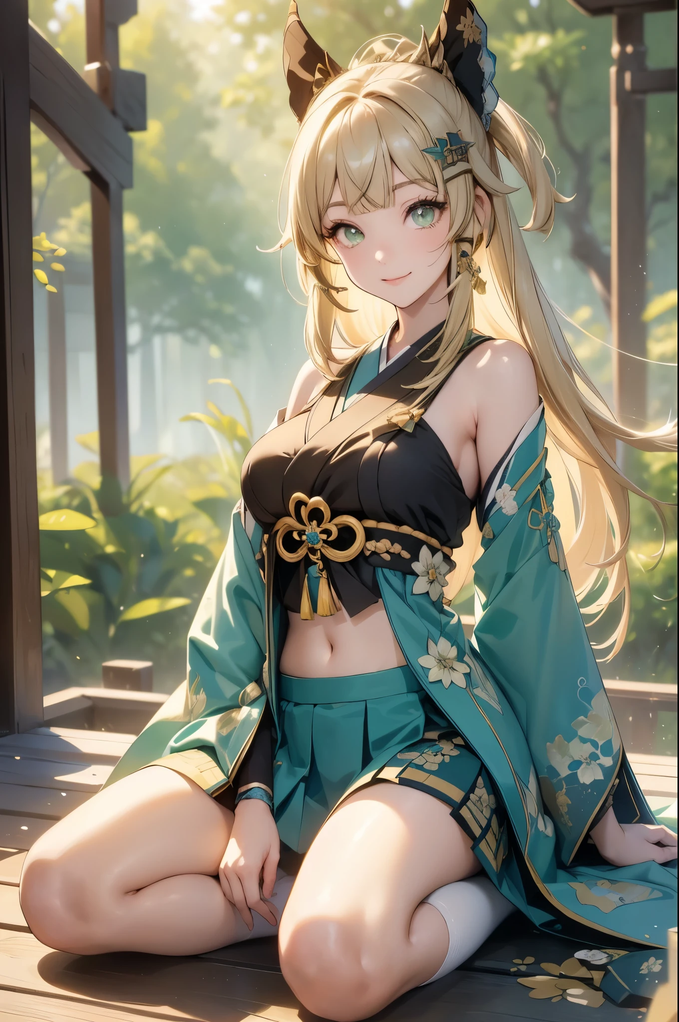 ((kiraradef)):1.5,((masterpiece,highest quality,Highly detailed images,Beautiful images))(kirara images,Japanese garden、Ornamental pond、Fun pose、Bright natural light throughout、Backlight、A fantastic atmosphere、Dust flutters)1.3,(kirara:Full body image)、(large breasts、sideboob, Exposing shoulders、Exposing your belly):1.2(smile)1.1(Remodeling Kimono、Separate top and bottom、Knee-high socks、Absolute area)
