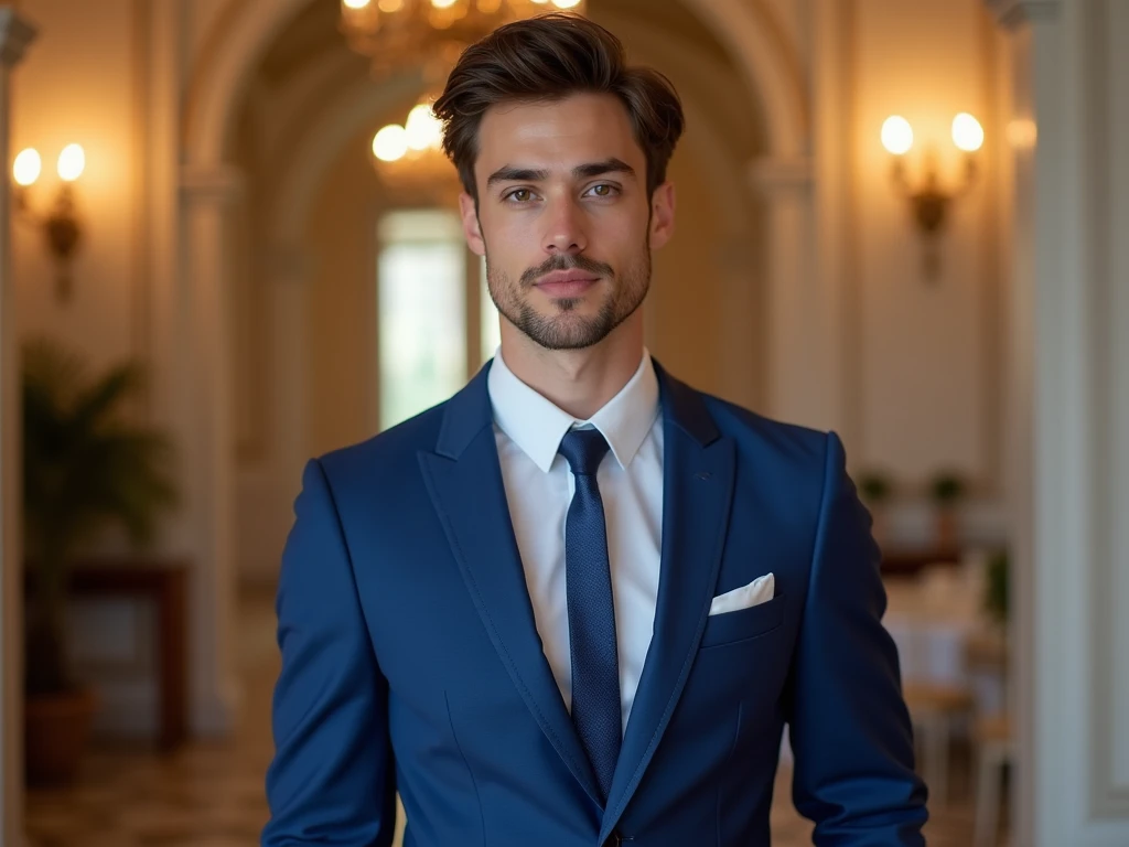  A young man in full body , wearing a blue suit , with details on her ,  who looks as realistic as possible ,  against the background of a wedding venue or an elegant place if you can, posing, Make him look Caucasian
