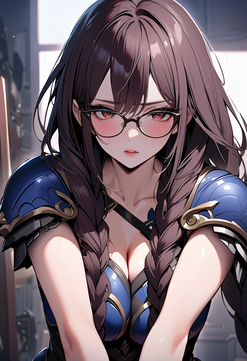  top quality、 unity 8k 壁紙 、32K、  Masterpiece 、  very detailed with crimson hair、  super high resolution 、  very detailed with crimson hairな顔、 RAW photos 、 professional 、((( dark-haired valkyrie )))、(((Long hair held together in braids)))、The face of a girl who seems to be mature、Glasses、dark blue armor 