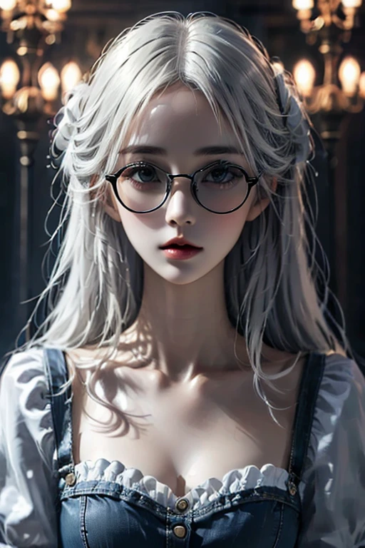 closeup portrait of 18 year old girl, chiaroscuro portraits, soft and dreamy, beautiful, (grim realism:0.9), cinematic composition, Tori Xvoor, round rim spectacles, light blue eyes, ((straight long hair with bangs)), platinum blonde hair, upper body, off shoulder