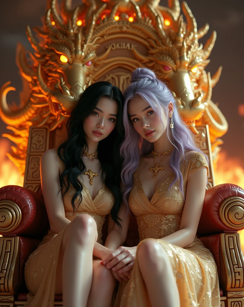 AI image of a queen with a crown dressed sexy carrying money, sitting on a throne accompanied by two lions on the left and right sides,With a ribbon on the front that says "K0RBaN MaaCINA" background Clouds and full moon