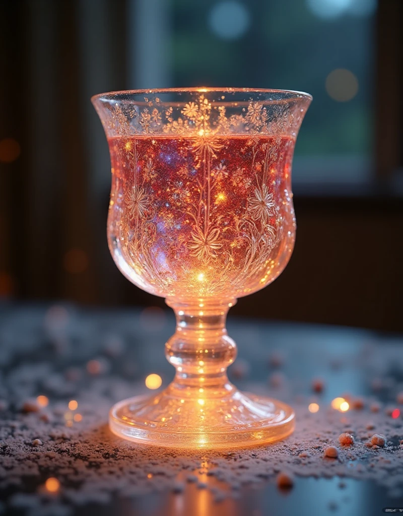 In a soft, golden light, a exquisite crystal chalice with intricate lacework and floral engravings sits atop a delicate pedestal. The transparent liquid within sparkles like the night sky, reflecting hues of sapphire, amethyst, and rose. The chalice's curves are adorned with delicate filigree, adding to its ethereal beauty as it appears to float amidst a subtle glow.,OBweisuo,A World of Glass