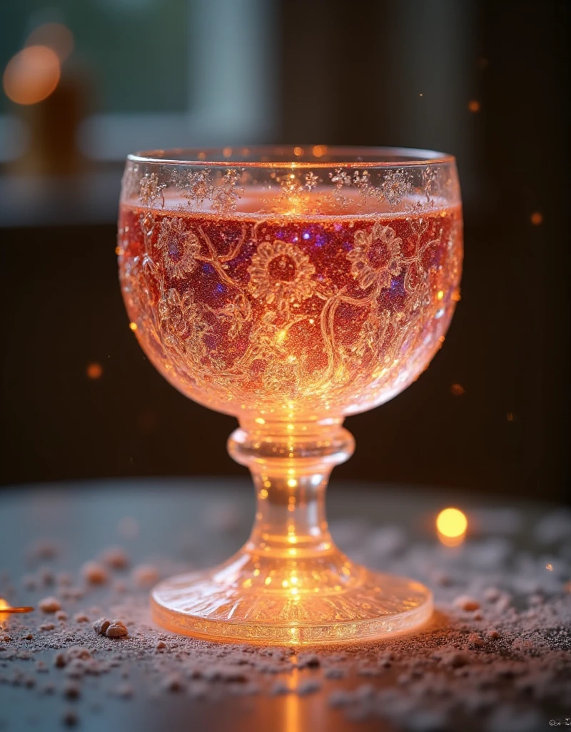 In a soft, golden light, a exquisite crystal chalice with intricate lacework and floral engravings sits atop a delicate pedestal. The transparent liquid within sparkles like the night sky, reflecting hues of sapphire, amethyst, and rose. The chalice's curves are adorned with delicate filigree, adding to its ethereal beauty as it appears to float amidst a subtle glow.,OBweisuo,A World of Glass