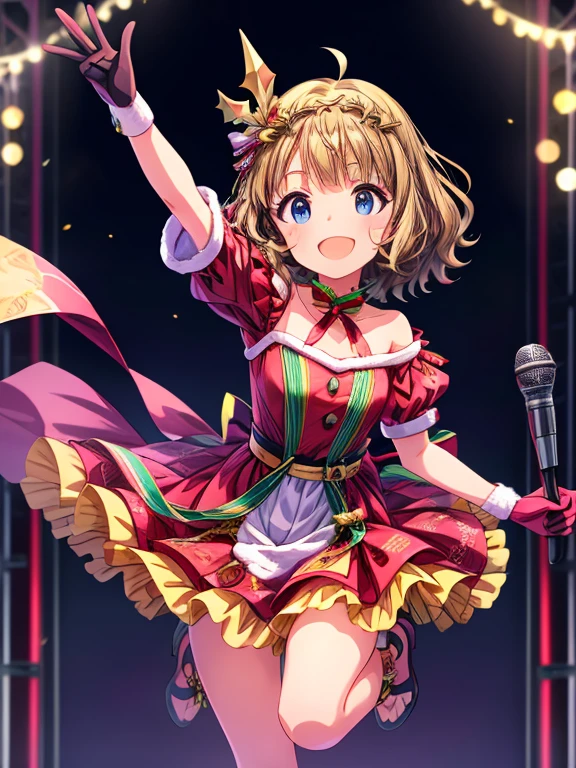  top quality,   Masterpiece ,  super high resolution ,　  beautiful legs　Beautiful upper body
　Beautiful lower body　 well-balanced body　
Two perfect legs　完璧の五本指 beautiful eyes detailed eyes detailed face　idol stage　Christmas festival　christmas costume　off shoulder dress　midi dress　gloves　hold the microphone with your left hand　from front　ground level shot　full body　looking at viewer 
happy smile Jumping  twinkle(in the eyes) cute eyes tiara 
christmas live best smile 
Elementary school student