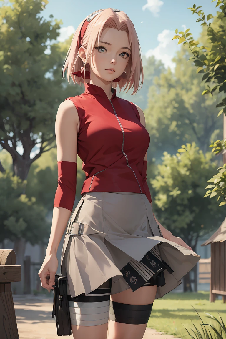 ((best quality)), (( masterpiece)), (detailed),  Perfect Face ((best quality)), (( masterpiece)), (detailed),  Perfect Face (best quality)), (( masterpiece)), (detailed),  Perfect Face (best quality)), (( masterpiece)), (detailed),  Perfect Face ,stunning realistic, photorealistic, photorealism, 1 sakura Haruno,standing in a tent,arsm behind back,full body perfect composition,wearnig skirt,3D,tight bike shorts view,focus on bike shorts,tightly wear bike shorts on legs,under skirt view,skirt in air flying,mate black texture