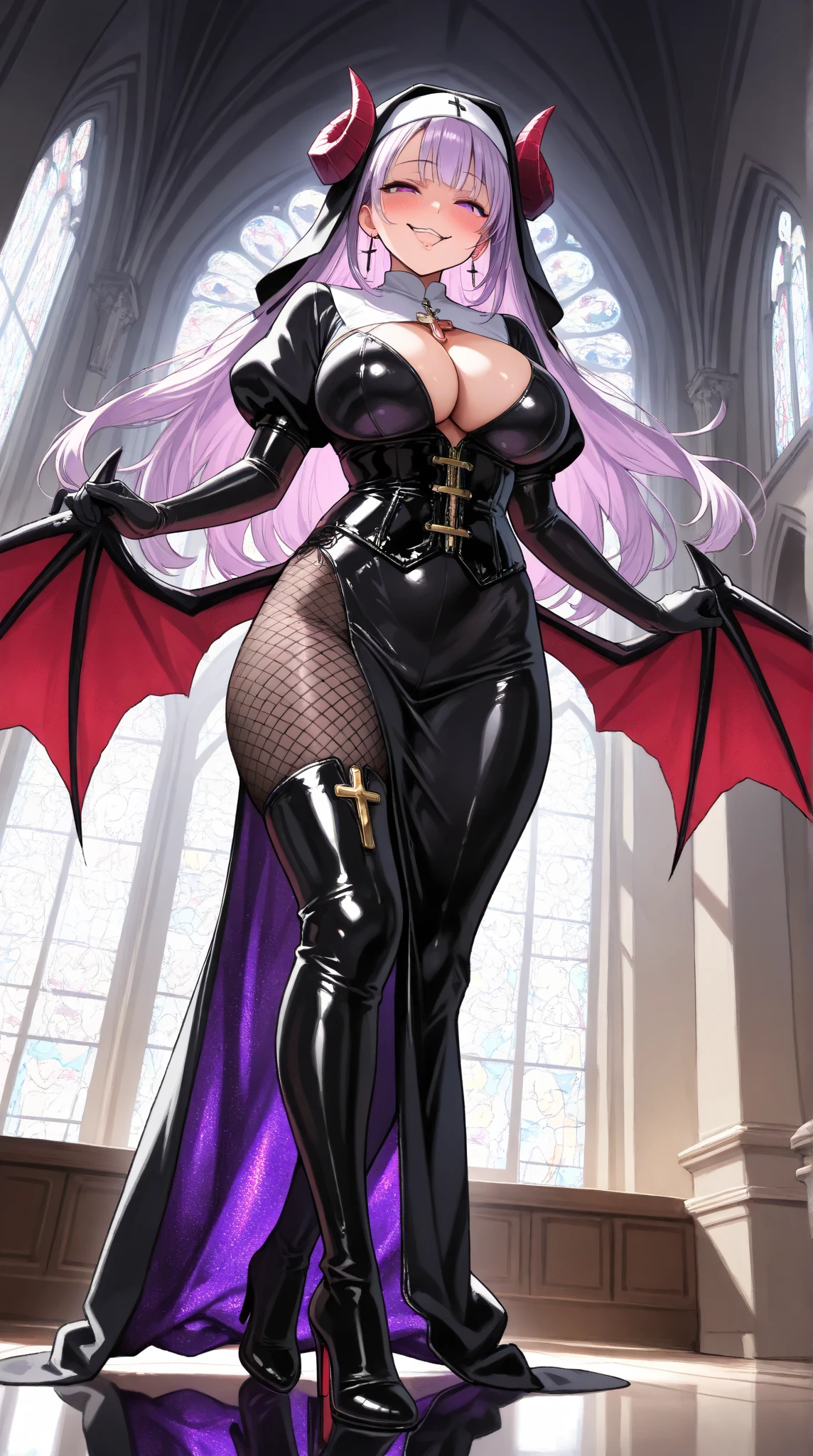 1 mature woman,(masterpiece, top quality, very detailed depiction, Incredibly Absurd High Definition ,),(Devil horns,Devil&#39;s Wings:1.3), devil and nun fusion , evil , long silvery hair , side lock,Blunt buns, princess cut,Nun outfit and bodysuit fusion,魅力的なPerfect female proportions, captivating smile,Beautifully detailed black latex nun bodysuit, Cross , cleavage,knitted corset , EXTRA SHINY FABRIC ,Very wrinkled fabric,Puffy sleeves,Elbow gloves,gem,High quality skin,Reflective fabric,Super beautiful detailed background,Sexy cutout,From below, church background,Earrings, earrings, Cross が描かれた聖なるローブ,( pantyhose:1.2),A female  wearing a 30 denier ,Tight mini straight skirt,Very shiny wrinkled clothes,Perfect female proportions, ideally proportional body proportions, charming proportions , Tight Woman , curvy ,Very beautifully detailed face girl,face focus,( evil な笑顔, sadistic, erotic ,Seductive eyes:1.3, purple eyes),( provocative,Enchanted,Charmed, excited, naughty face:1.2),blush, crazy smile, bodystocking , fishnet tights, high heels, thigh high boots, side view,profile