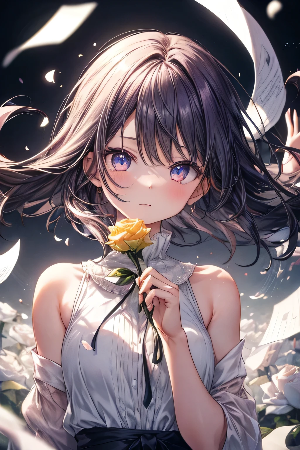 masterpiece,  top quality,  high definition , 1 girl, She has medium-length hair., (Her hair is dark purple color:1.3)., (Her eyes is yellow:1.3). She is wearing a white shirt. Her clothes are white. She is holding a single red rose against her chest, with a visible stem. Focus on the character from the chest to the face. Background is gray. Black rose petals are floating in the air.  White rose petals are floating in the air. Upward wind. BREAK Close-up view focused on the character from the chest from to the face. Static pose. The character is holding a red rose. The composition is centered.  Front-facing pose, centered composition. Her expression is fragile. paper_cut.
