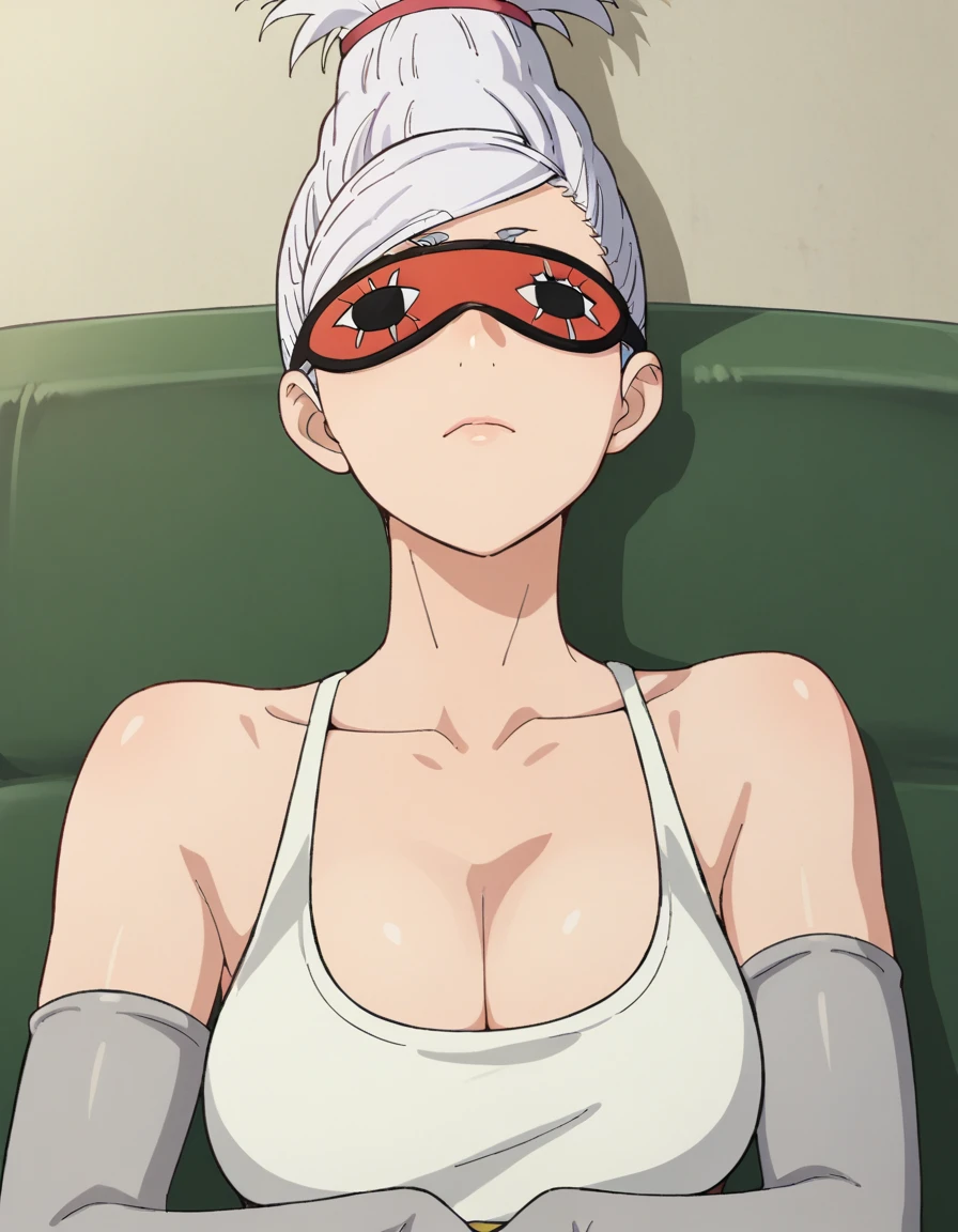 score_9, score_8_up, score_7_up, source_anime, BREAK
1girl, solo, looking at viewer, simple background, lying on side, sleeping, sofa,, upper body,
seiko ayase, white hair, long hair, tied hair, topknot, semi-rimless eyewear,
casual outfit, sleep mask, cleavage, collarbone, white tank top, bare shoulders, grey gloves, fingerless gloves, haramaki, short shorts,
