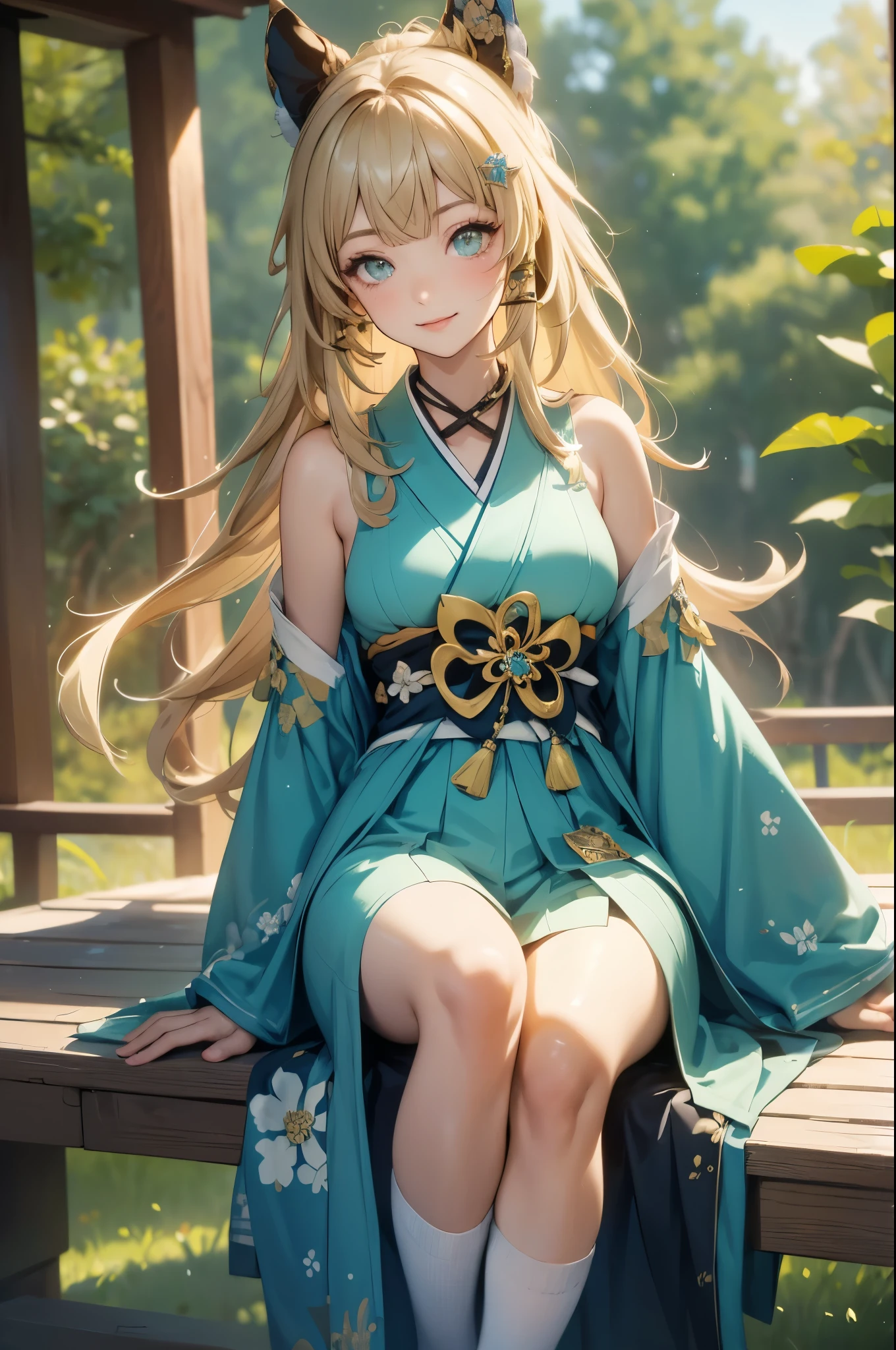 ((kiraradef)):1.5,((masterpiece,highest quality,Highly detailed images,Beautiful images))(kirara images,Japanese garden、Ornamental pond、Fun pose、Bright natural light throughout、Backlight、A fantastic atmosphere、Dust flutters)1.3,(kirara:Full body image)、(large breasts、sideboob, Exposing shoulders、Exposing your belly):1.2(smile)1.1(Remodeling Kimono、Separate top and bottom、Knee-high socks、Absolute area)
