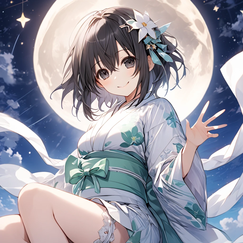 ( 1 girl),Green \(Neptunia )\, black hair, black eyes,smile, short hair, (long sidelocks:1.5), (white floral mini yukata:1.5)、(Thighs:1.5),(bridal garter:1.５), peace sign、white full moon、star　Night Sky、From below、( perfect anatomy ),( best quality), ( ultra hi-res), (超 high definition ), ( Highly Detailed CG), (32K), (masterpiece)、eyesHD