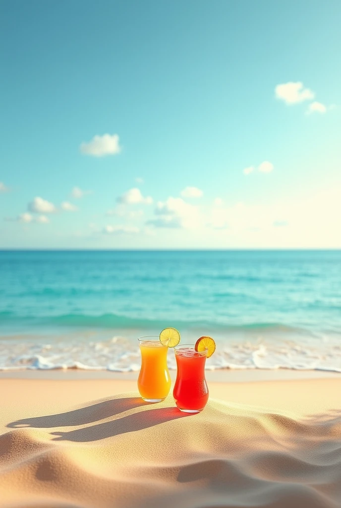 Image of the beach with ice cubes in the sand and soft drinks in the ice cubes, all in cmyk colors