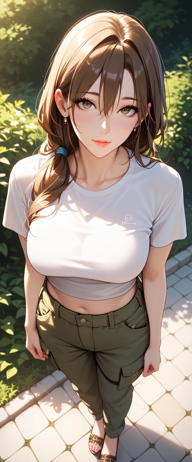 Score_9, Score_8_up, Score_7_up, Source_anime, anime art, anime style, very aesthetic, masterpiece, high quality, 1girl, mature woman, milf, brown hair, long hair, hair between eyes, (crop top t-shirt, cargo baggy pants, shoes), beautiful eyes, female focus, looking at viewer, ((above view)) ((close up shot)), soft light, ((solo)) detailed, very high resolution, no blurry image, (full body), standing, beautiful, serene expression, intricate details, detailed background, outdoors