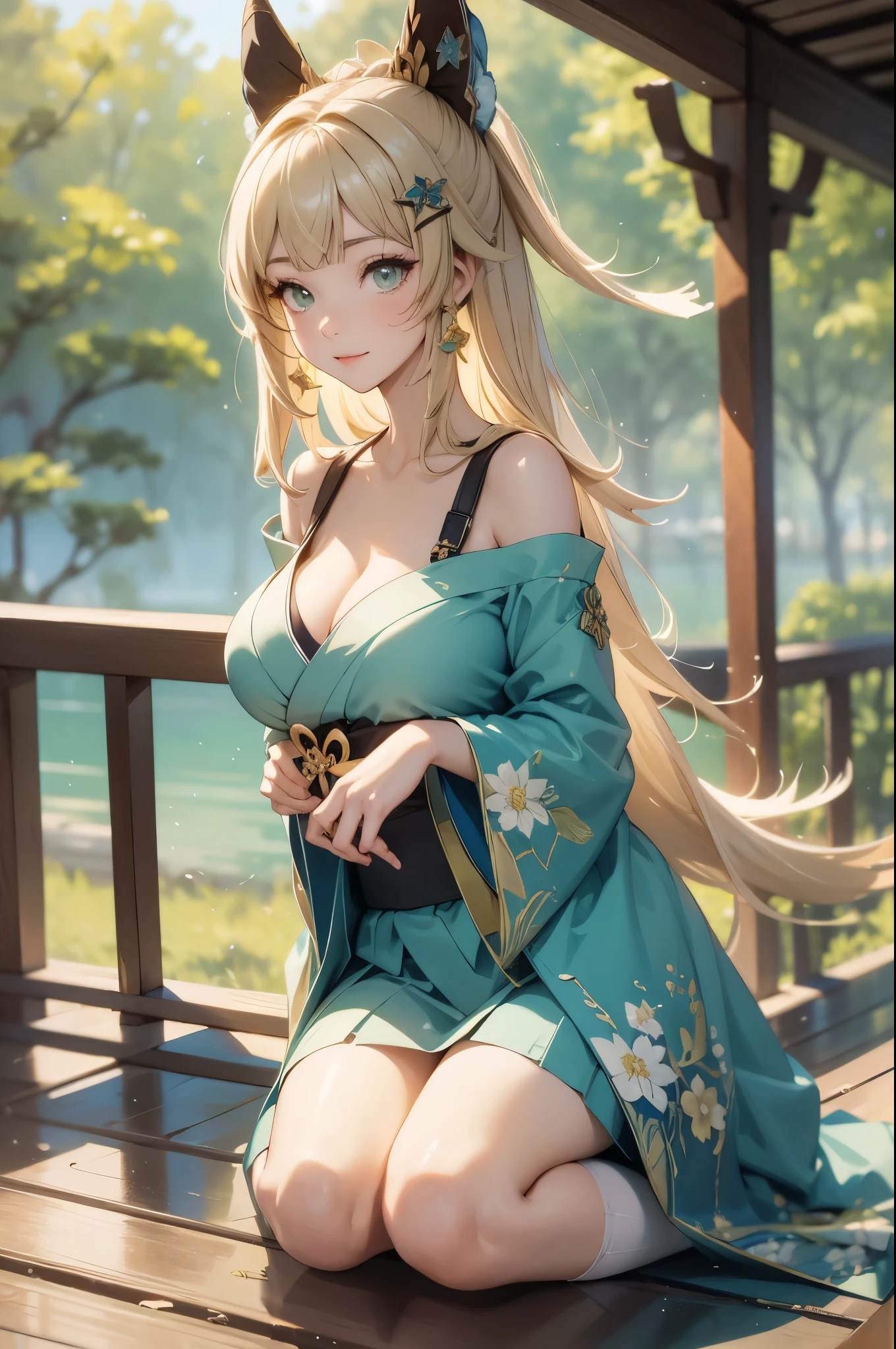 ((kiraradef)):1.5,((masterpiece,highest quality,Highly detailed images,Beautiful images))(kirara images,Japanese garden、Ornamental pond、Fun pose、Bright natural light throughout、Backlight、A fantastic atmosphere、Dust flutters)1.3,(kirara:Full body image)、(large breasts、sideboob, Exposing shoulders、Exposing your belly):1.2(smile)1.1(Remodeling Kimono、Separate top and bottom、Knee-high socks、Absolute area)
