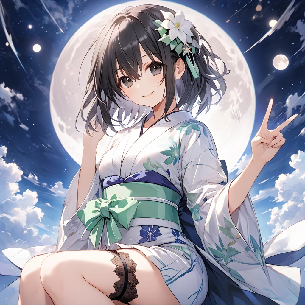 ( 1 girl),Green \(Neptunia )\, black hair, black eyes,smile, short hair, (long sidelocks:1.5), (white floral mini yukata:1.5)、(Thighs:1.5),(bridal garter:1.５), peace sign、white full moon、star　Night Sky、From below、( perfect anatomy ),( best quality), ( ultra hi-res), (超 high definition ), ( Highly Detailed CG), (32K), (masterpiece)、eyesHD