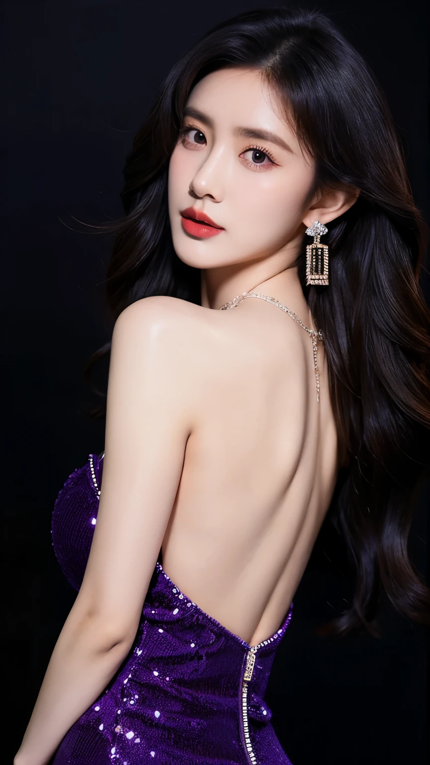 Ultra HD resolution,earrings,Long hair,Black background,Purple backless dress,necklace,H Cup,Showing cleavage,Show more breasts,Amazing breast size,nipple,Expose the areola,Breast enlargement,Smooth and beautiful back,Completely bare back,Cool white skin,Big buttocks,Messy hair,Messy hair,Ruddy complexion,sweater