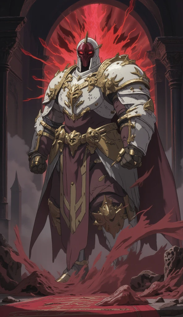  is possessed by a demon, a holy knight commander.A full-body image of an adult male . muscular body .Wear white gold holy knight armor. Eyes Deep Red . standing inside a mysterious black and red church.Bold composition 