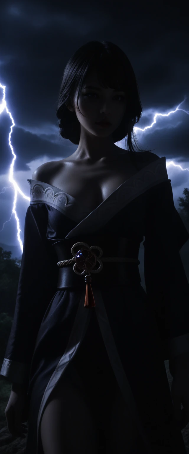 Goddess of thunder and lightning, Majestic and Regal demeanor, badass and magnificent bearing, exquisitely detailed and life-like, Ultra HD, Photorealistic portrait, epic lighting and shadows, symmetrical and aesthetically pleasing, 1girl, Raiden Shogun Ei from genshin impact, extremely detailed goddess of death, highly detailed kimono, extremely detailed and revealing gothic off-shoulder kimono, dark and stormy night, lightning blazing in the skies, extremely detailed and realistic skin, extremely detailed medium perky breasts, dramatic cinematic lighting, intricate details, dramatic atmosphere,dark purple hair, dark moody lighting, lush garden background, dramatic colors, photorealistic, 8k, best quality, masterpiece, deep low-cut neckline showing décolletage, life-like and Photorealistic taken from a Leica m9 50mm 1.2 pouting kissable lips 