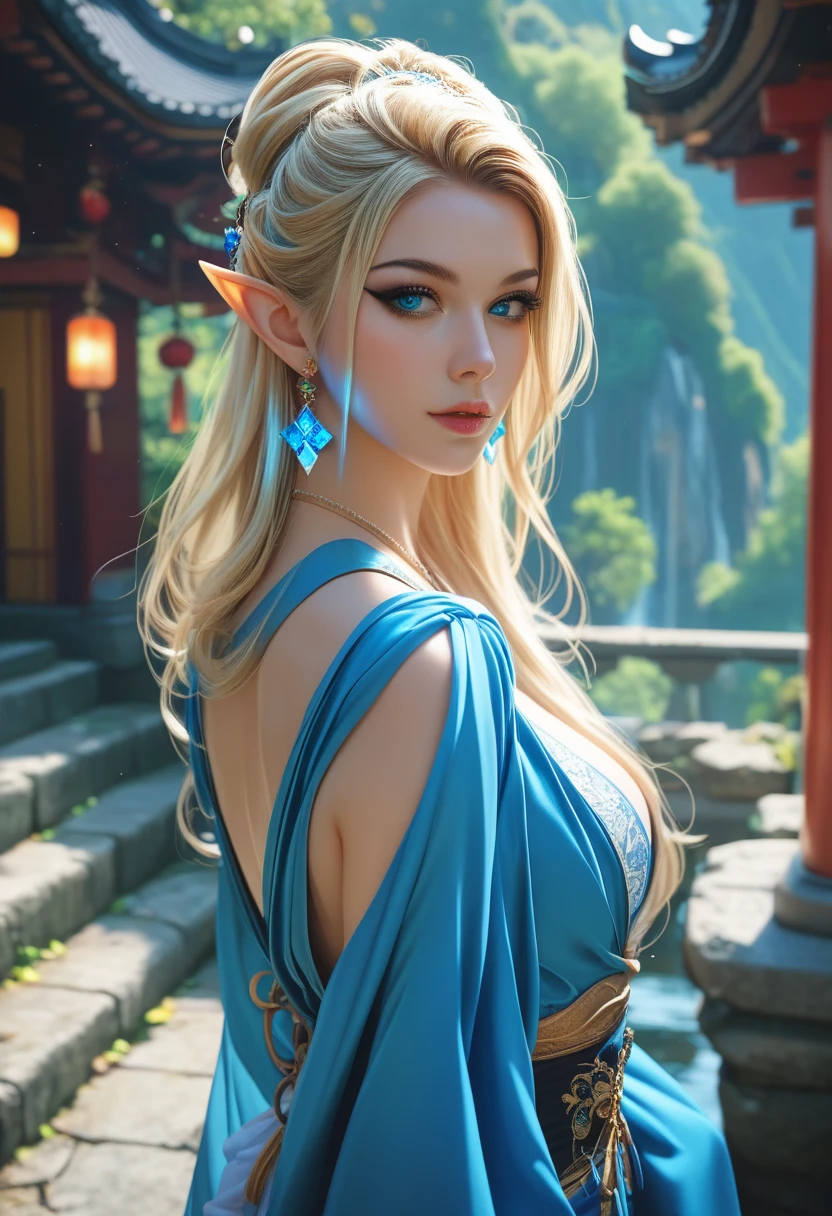 1 girl, Beautiful elf lady, blonde Long straight hair, upturn elf pointy ears, sexy figure, hot body, perfect breast, charming cleavage, very beautiful face, detailed face, delicate eyes, detailed pupil, beautiful and delicate lips, light blush, shy, heart, in love, white camisole long skirt, Simple and stylish, small crystal earrings, hand drawn animation, high detailed, outdoor, symmetrical clothes, best quality, masterpiece, retina, 8K, highres,
