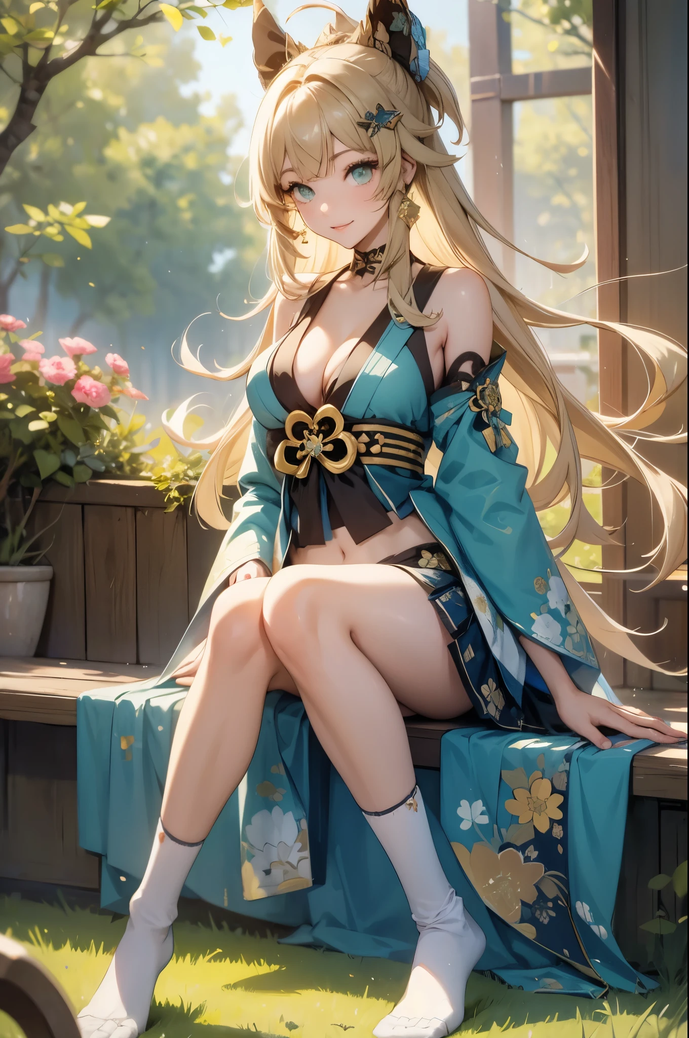 ((kiraradef)):1.5,((masterpiece,highest quality,Highly detailed images,Beautiful images))(kirara images,Japanese garden、Ornamental pond、Fun pose、Bright natural light throughout、Backlight、A fantastic atmosphere、Dust flutters)1.3,(kirara:Full body image)、(large breasts、sideboob, Exposing shoulders、Exposing your belly):1.2(smile)1.1(Remodeling Kimono、Separate top and bottom、Knee-high socks、Absolute area)
