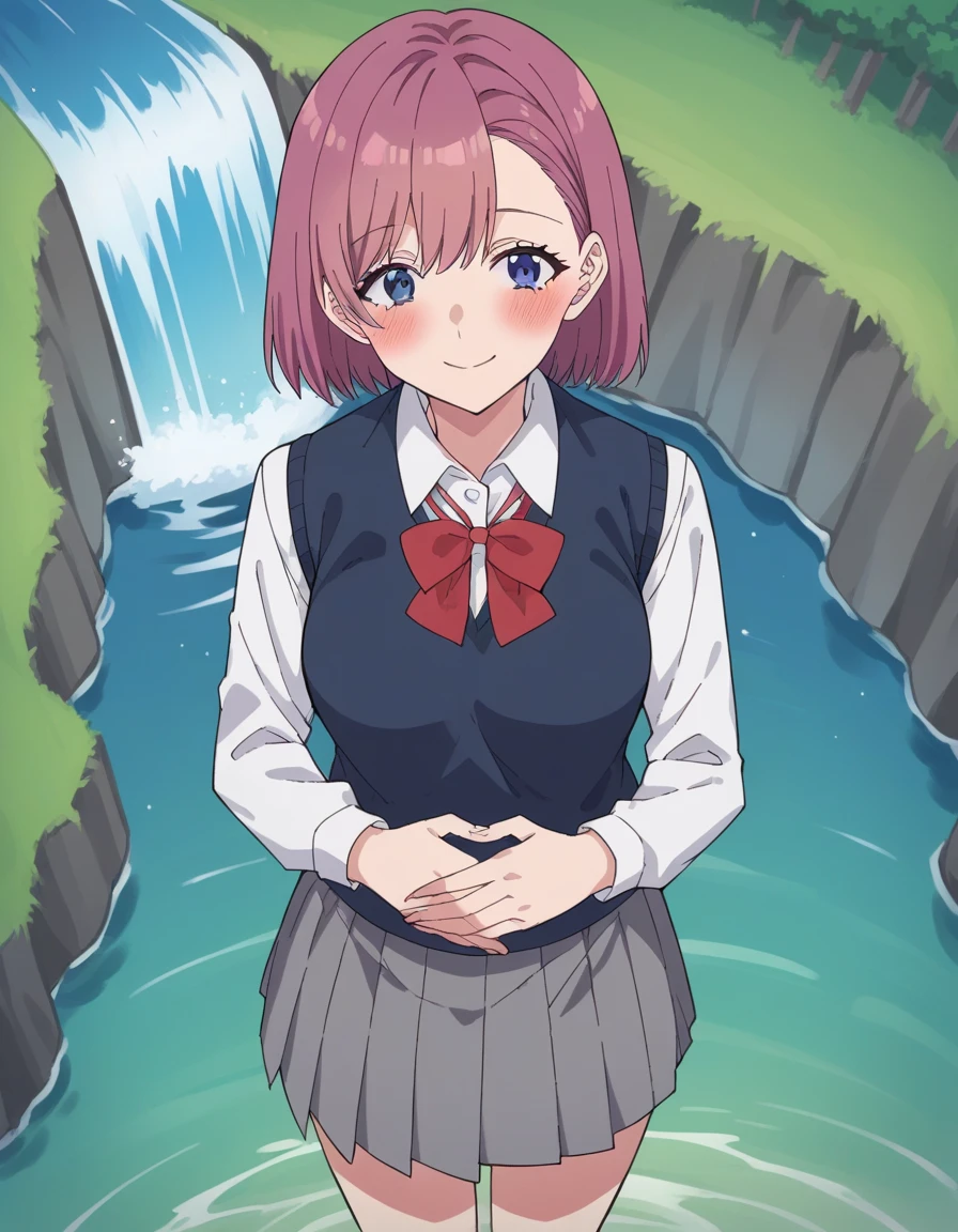 score_9, score_8_above, score_7_above, source_anime, Disturb,  short hair, cups,  Blue Eyes, pink hair, fringe,  medium breasts, mature female,, skirt, bow,  school uniform , jacket, pleated skirt, grey skirt, knitted vest,  collared shirt ,, water, Lake, Rio, waterfall, natural, to smile,  hands on the stomach , Blush,,  looking at the viewer , Alone,,  Dutch angle, cowboy shot