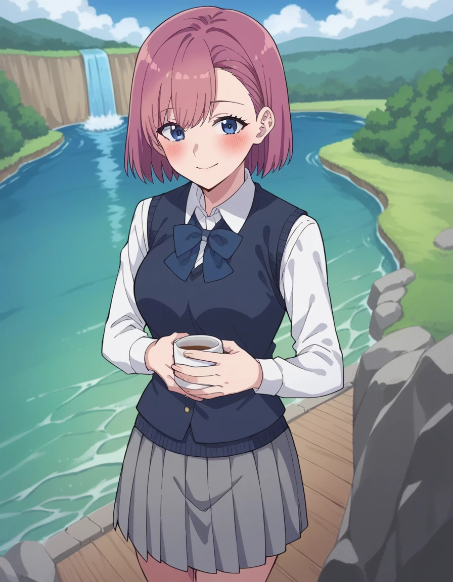 score_9, score_8_above, score_7_above, source_anime, Disturb,  short hair, cups,  Blue Eyes, pink hair, fringe,  medium breasts, mature female,, skirt, bow,  school uniform , jacket, pleated skirt, grey skirt, knitted vest,  collared shirt ,, water, Lake, Rio, waterfall, natural, to smile,  hands on the stomach , Blush,,  looking at the viewer , Alone,,  Dutch angle, cowboy shot