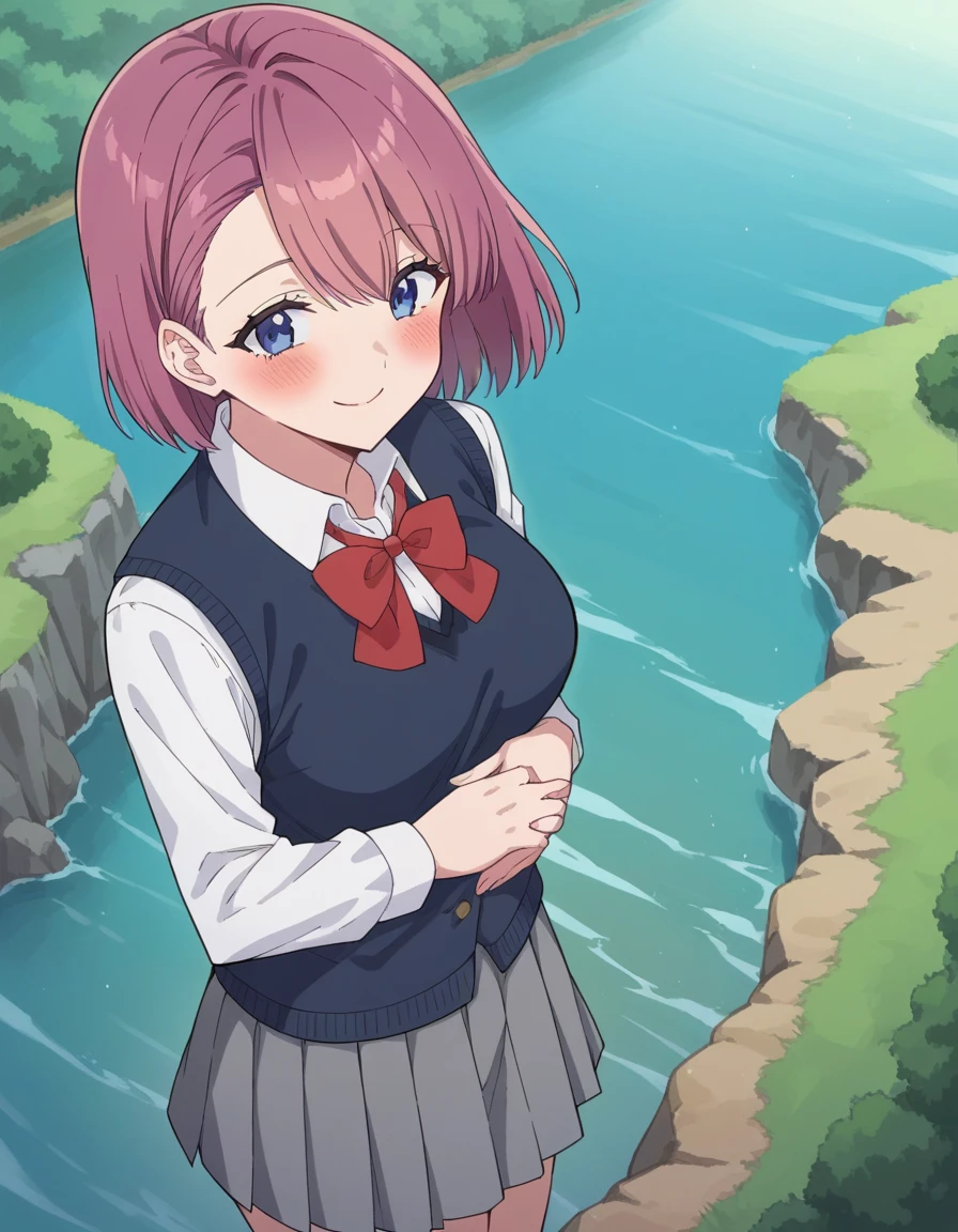 score_9, score_8_above, score_7_above, source_anime, Disturb,  short hair, cups,  Blue Eyes, pink hair, fringe,  medium breasts, mature female,, skirt, bow,  school uniform , jacket, pleated skirt, grey skirt, knitted vest,  collared shirt ,, water, Lake, Rio, waterfall, natural, to smile,  hands on the stomach , Blush,,  looking at the viewer , Alone,,  Dutch angle, cowboy shot