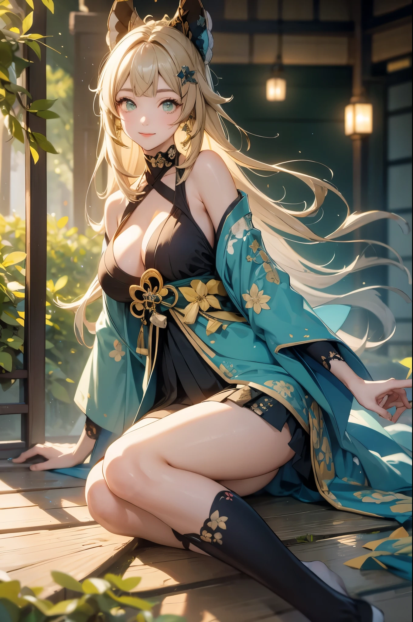 ((kiraradef)):1.5,((masterpiece,highest quality,Highly detailed images,Beautiful images))(kirara images,Japanese garden、Ornamental pond、Fun pose、Bright natural light throughout、Backlight、A fantastic atmosphere、Dust flutters)1.3,(kirara:Full body image)、(large breasts、sideboob, Exposing shoulders、Exposing your belly):1.2(smile)1.1(Remodeling Kimono、Separate top and bottom、Knee-high socks、Absolute area)
