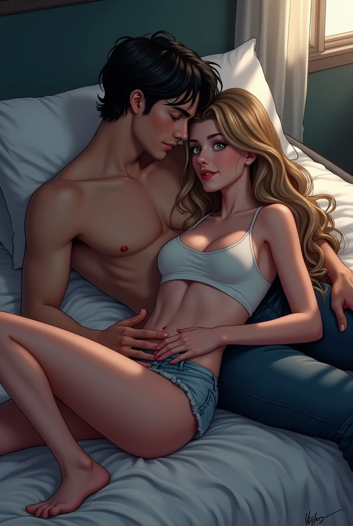(Dove Cameron) at the bed anime BIG boobs, she is lying at the bed while having sex with a handsome guy