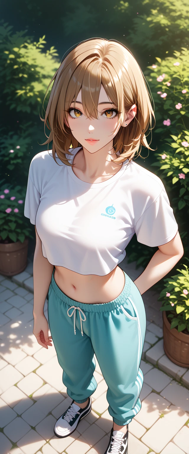 Score_9, Score_8_up, Score_7_up, Source_anime, anime art, anime style, very aesthetic, masterpiece, high quality, 1girl, pretty girls, brown hair, medium hair, hair between eyes, (crop top t-shirt, baggy jogger pants, shoes), beautiful eyes, female focus, looking at viewer, ((above view)) ((close up shot)), soft light, ((solo)) detailed, very high resolution, no blurry image, (full body), standing, beautiful, serene expression, intricate details, detailed background, outdoors