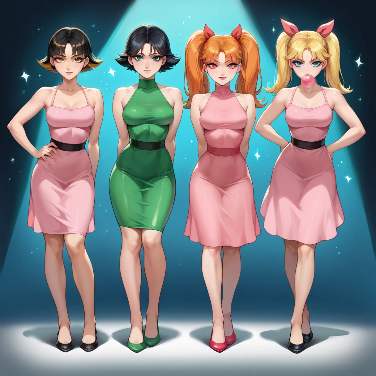 score_9, score_8_up, score_7_up, ict style, 3girls, sparkles, colorful swirls, BREAK (Buttercup (Powerpuff girls), black hair, short hair, green eyes, green dress), looking at viewer, breasts, bedroom eyes, hands behind head, dynamic pose, BREAK (Bubbles (Powerpuff girls), blonde hair, pigtails, blue eyes, blue dress), looking at viewer, breasts, bedroom eyes, blowing bubblegum, BREAK (Blossom (Powerpuff girls), orange hair, long hair, pink eyes, pink dress), looking at viewer, breasts, hair ribbon, standing, full body, smile, bodycon dress, bare shoulders, bare arms, breasts, hands behind back, hand on hip