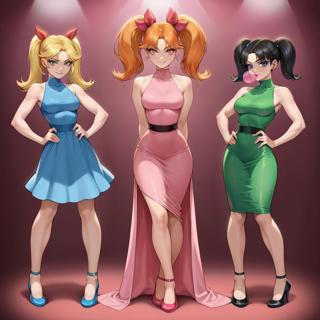 score_9, score_8_up, score_7_up, ict style, 3girls, sparkles, colorful swirls, BREAK (Buttercup (Powerpuff girls), black hair, short hair, green eyes, green dress), looking at viewer, breasts, bedroom eyes, hands behind head, dynamic pose, BREAK (Bubbles (Powerpuff girls), blonde hair, pigtails, blue eyes, blue dress), looking at viewer, breasts, bedroom eyes, blowing bubblegum, BREAK (Blossom (Powerpuff girls), orange hair, long hair, pink eyes, pink dress), looking at viewer, breasts, hair ribbon, standing, full body, smile, bodycon dress, bare shoulders, bare arms, breasts, hands behind back, hand on hip