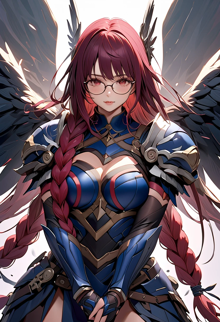  top quality、 unity 8k 壁紙 、32K、  Masterpiece 、  very detailed with crimson hair、  super high resolution 、  very detailed with crimson hairな顔、 RAW photos 、 professional 、((( dark-haired valkyrie )))、(((Long hair held together in braids)))、The face of a girl who seems to be mature、Glasses、dark blue armor 