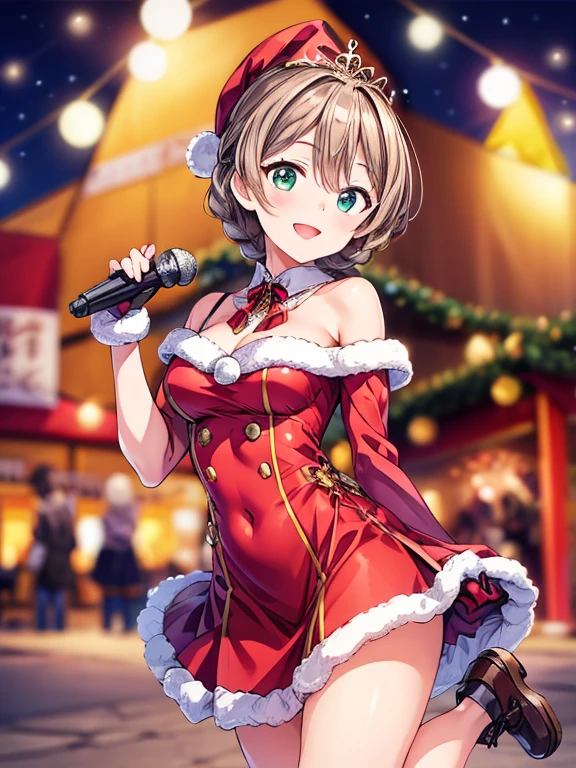  top quality,   Masterpiece ,  super high resolution ,　  beautiful legs　Beautiful upper body
　Beautiful lower body　 well-balanced body　
Two perfect legs　完璧の五本指 beautiful eyes detailed eyes detailed face　idol stage　Christmas festival　christmas costume　off shoulder dress　midi dress　gloves　hold the microphone with your left hand　from front　ground level shot　full body　looking at viewer 
happy smile Jumping  twinkle(in the eyes) cute eyes tiara 
christmas live best smile 
Elementary school student