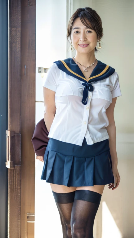 full body shot, from below,  Japanese woman with a viewing angle of,  detailed face , Facial wrinkles, Wrinkles around the eyes, smile,  Detailed Skin Textures ,  white skin,  heavy makeup ,  long hair , (curvy body, saggy breasts,  plump thighs:1.3), (earrings,  necklace, school uniform, sailor uniform, sailor collar, sailor collar ribbon,  navy blue pleated mini skirt:1.2), (black thighhighs,  is wearing high heels:1.2), ( standing on the seaside ,  full body shot from toe to head wearing black high heels:1.2), (surrealism, best quality, ultra detailed, absolutely resolution, 8k, anatomically correct), depth of field, looking at viewer, tachi-e, (kz), (1woman), full body,  detailed face  