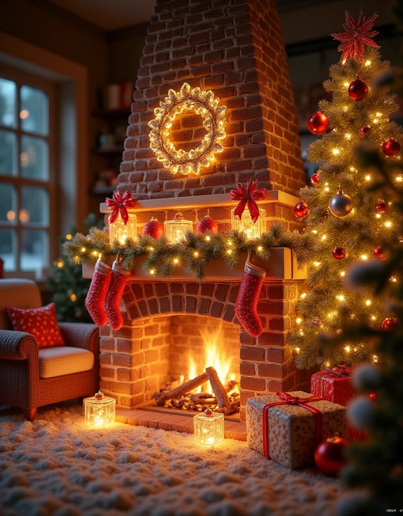 Warm fireplace, Christmas, inside a house