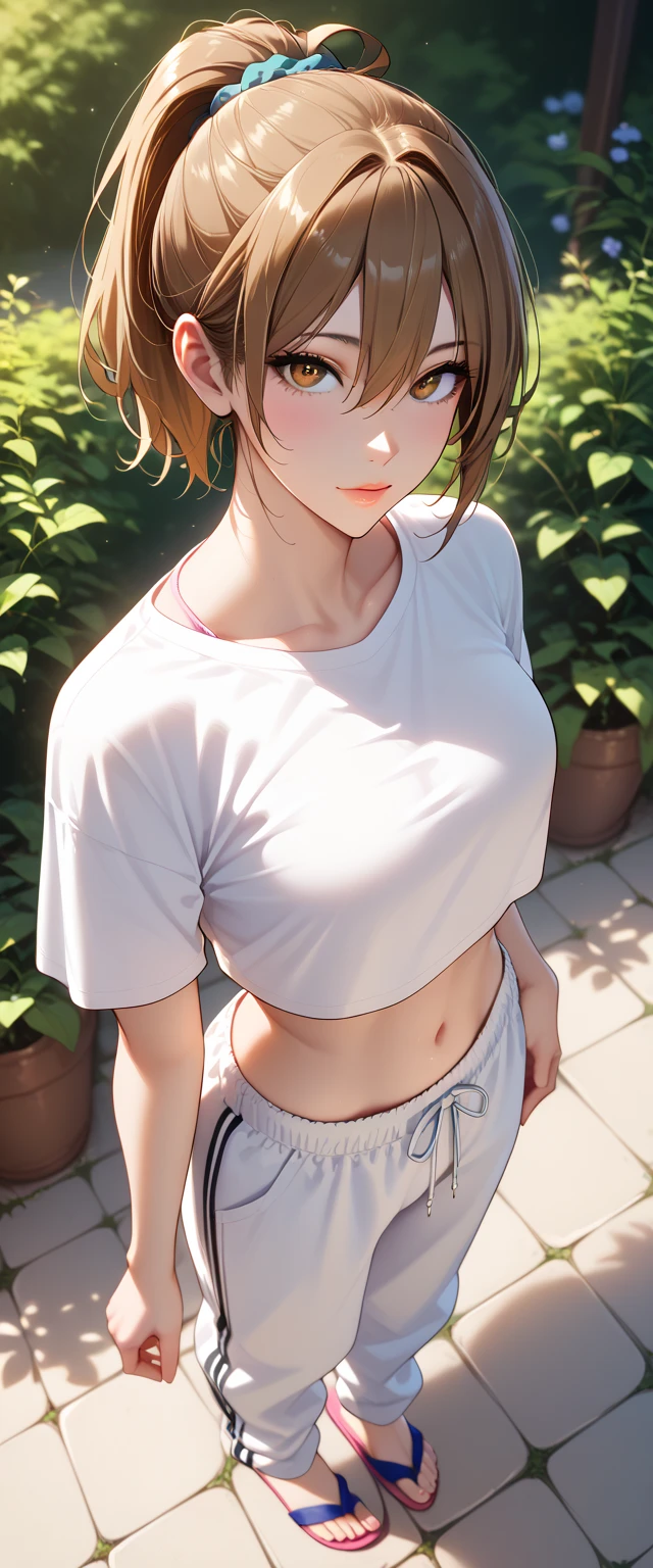 Score_9, Score_8_up, Score_7_up, Source_anime, anime art, anime style, very aesthetic, masterpiece, high quality, 1girl, pretty girls, brown hair, short hair, ponytail, hair between eyes, (crop top t-shirt, baggy jogger pants, flip-flops), beautiful eyes, female focus, looking at viewer, ((above view)) ((close up shot)), soft light, ((solo)) detailed, very high resolution, no blurry image, (full body), standing, beautiful, serene expression, intricate details, detailed background, outdoors