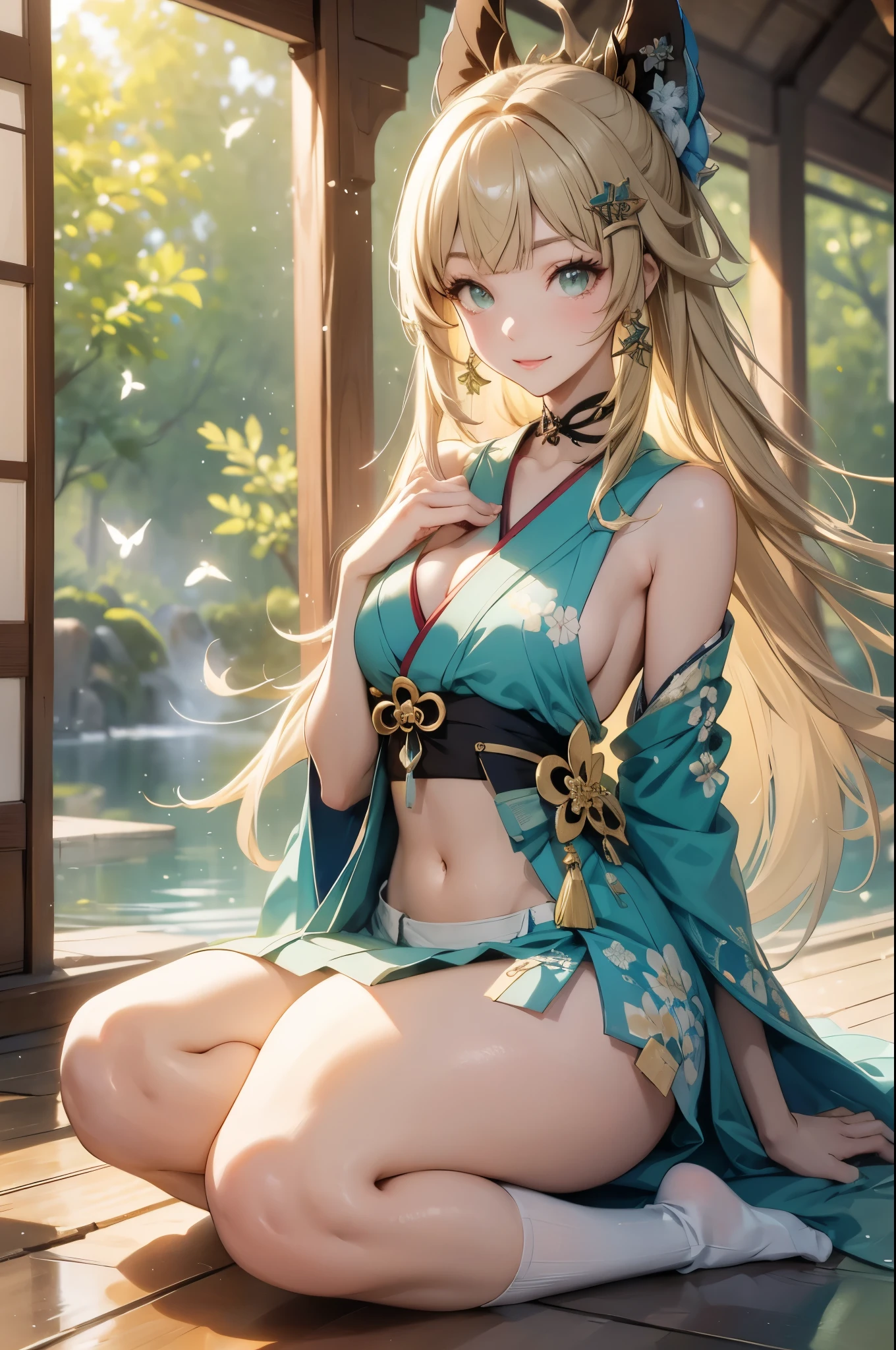 ((kiraradef)):1.5,((masterpiece,highest quality,Highly detailed images,Beautiful images))(kirara images,Japanese garden、Ornamental pond、Fun pose、Bright natural light throughout、Backlight、A fantastic atmosphere、Dust flutters)1.3,(kirara:Full body image)、(large breasts、sideboob, Exposing shoulders、Exposing your belly):1.2(smile)1.1(Remodeling Kimono、Separate top and bottom、Knee-high socks、Absolute area)
