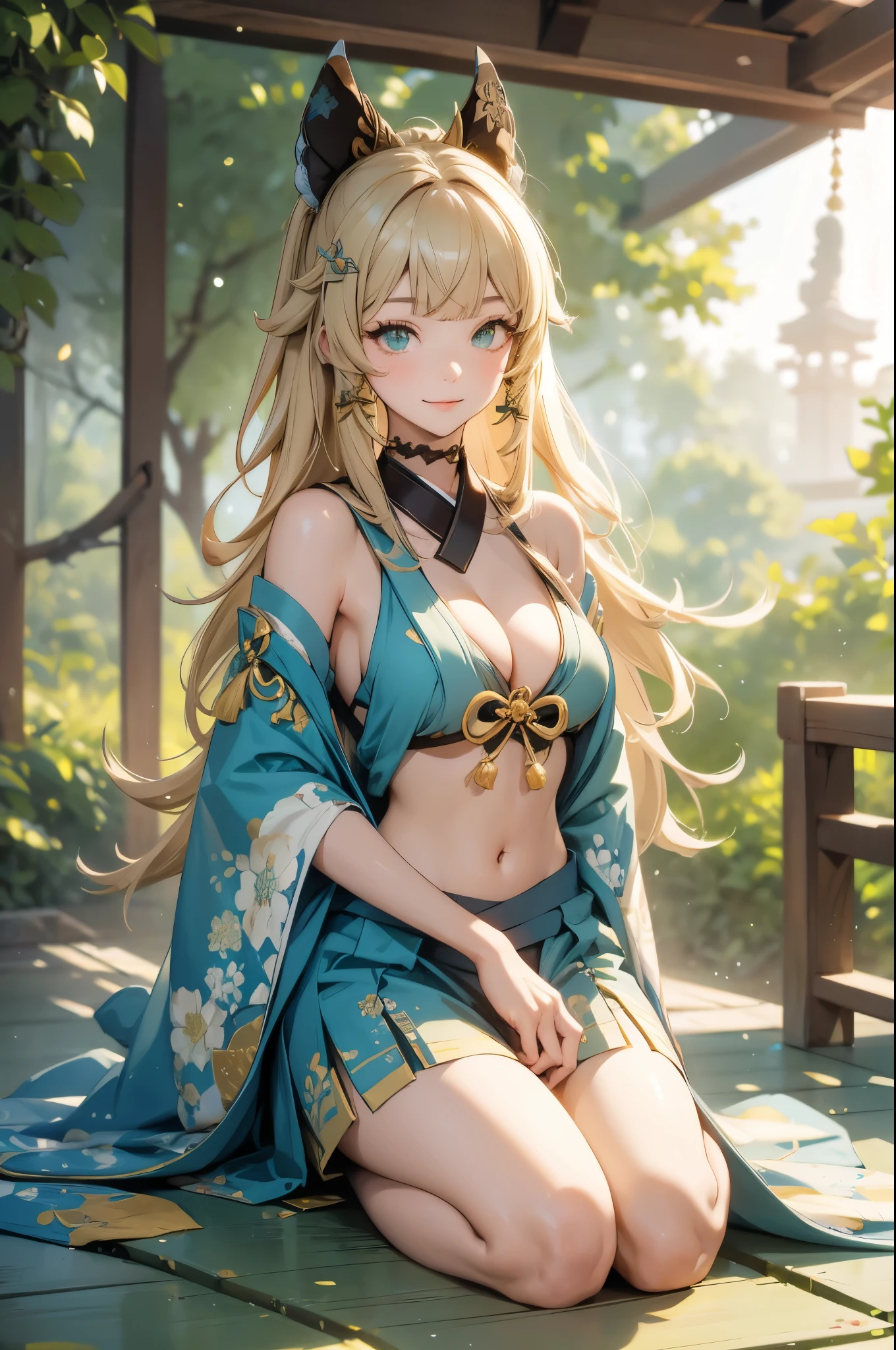 ((kiraradef)):1.5,((masterpiece,highest quality,Highly detailed images,Beautiful images))(kirara images,Japanese garden、Ornamental pond、Fun pose、Bright natural light throughout、Backlight、A fantastic atmosphere、Dust flutters)1.3,(kirara:Full body image)、(large breasts、sideboob, Exposing shoulders、Exposing your belly):1.2(smile)1.1(Remodeling Kimono、Separate top and bottom、Knee-high socks、Absolute area)
