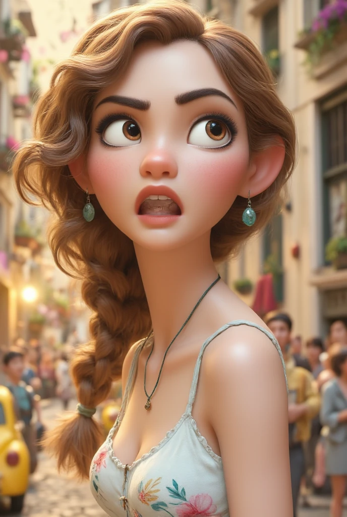 (disney pixar style:1.2) (cute adorable girl:1.1) (adult aged 20:1.15), white, hazel eyes, crying, big breasts, cleavage, phone in hand, broken love, messy hair, raining
