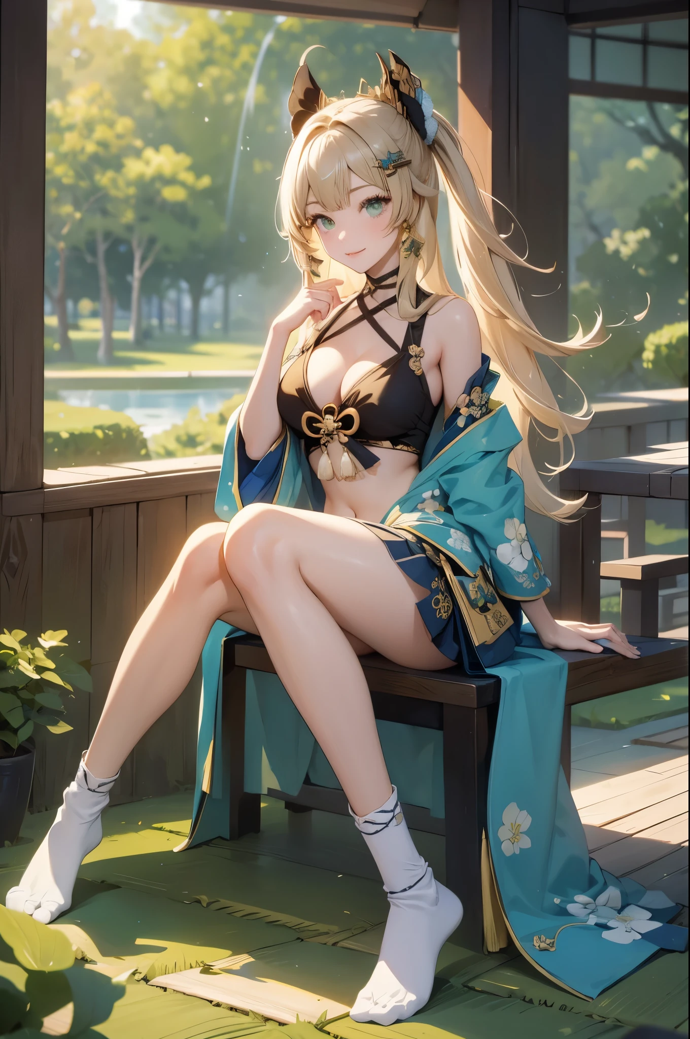 ((kiraradef)):1.5,((masterpiece,highest quality,Highly detailed images,Beautiful images))(kirara images,Japanese garden、Ornamental pond、Fun pose、Bright natural light throughout、Backlight、A fantastic atmosphere、Dust flutters)1.3,(kirara:Full body image)、(large breasts、sideboob, Exposing shoulders、Exposing your belly):1.2(smile)1.1(Remodeling Kimono、Separate top and bottom、Knee-high socks、Absolute area)
