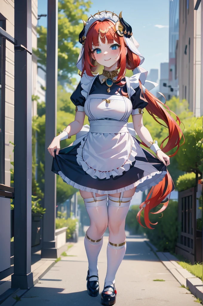 masterpiece, highest quality, Silence Suzuka \(umamusume\), Horse's ears, Small breasts, Horse tail, apron, Black dress, Black Hair, Blushing,White skin, Garment Lift, dress, dress Lift, Frame to foot, Garter Straps, gloves, Lift yourself up, Short sleeve, Watch Beholder, Maid, Maid Headdress, Neck ribbon, panties, ribbon, Skirt Hold, alone, Drops of sweat, Thighs, underwear, White apron, 白いgloves, 白いpanties, 白い非常にスリムなThighs